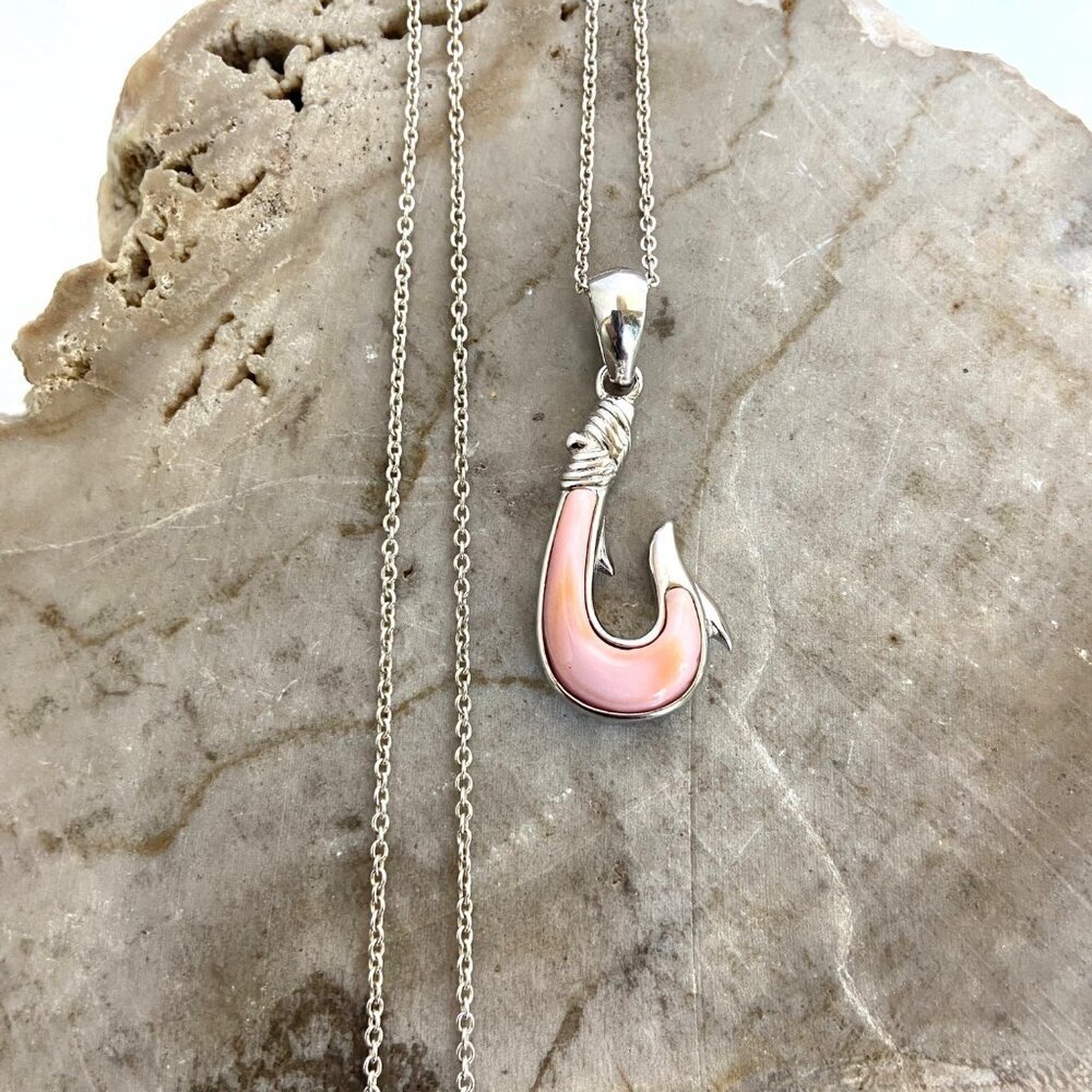 Sterling Silver 925 Pink Conch Maui Fish Hook Pendant Necklace 18" Cable Chain